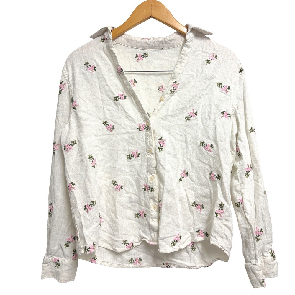 Unbranded Off-White Button-Down Shirt with Pink Floral Print Embroidery